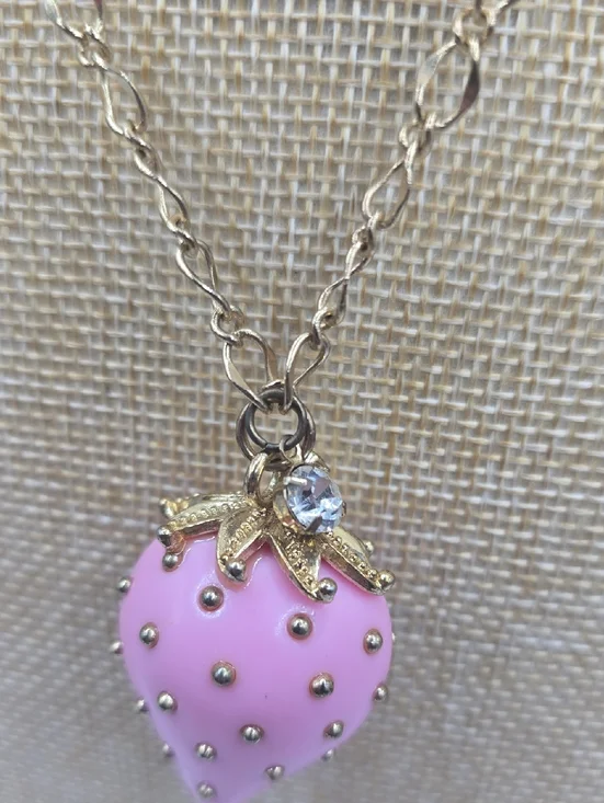 Pink Strawberry Pendant Necklace - Gold Chain - Picture 4 of 10